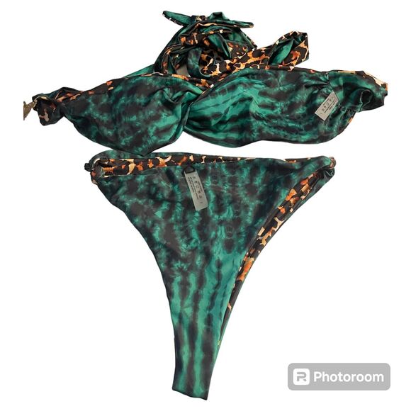 AMI CLUBWEAR Womens Size Large Leopard Print Reversible Green 2 Piece Bikini - Picture 5 of 7